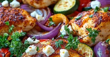 🍽️ Hähnchen mit Paprika, Zucchini, Zwiebeln und Feta im Ofen – Ein einfaches und leckeres Ofengericht!