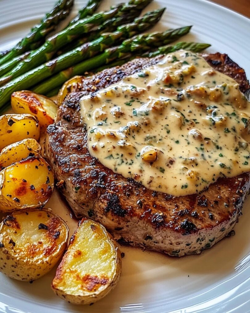 🥩 Knoblauch-Parmesan-Creme-Steak mit gerösteten neuen Kartoffeln & Spargel – Ein Festmahl für die Sinne!