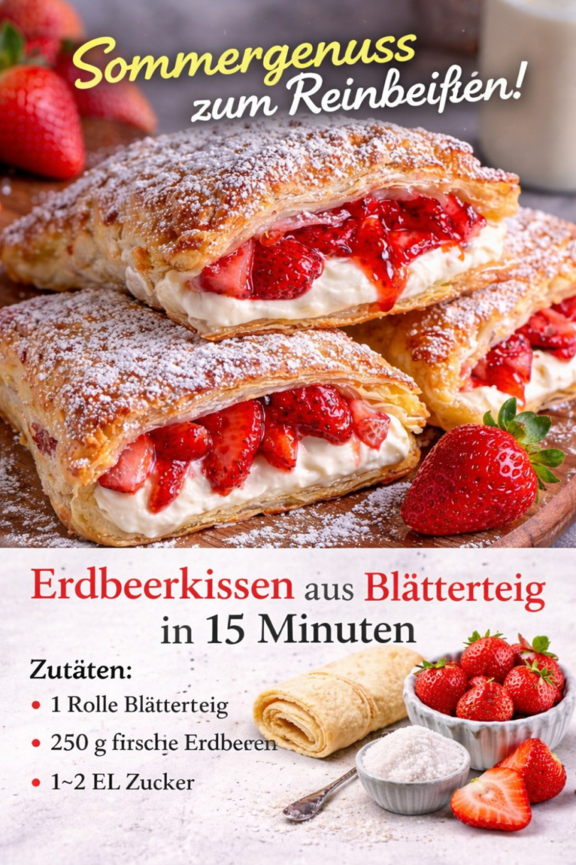 Erdbeer-Cheesecake-Taschen aus Blätterteig – schnell & himmlisch 🍓😍