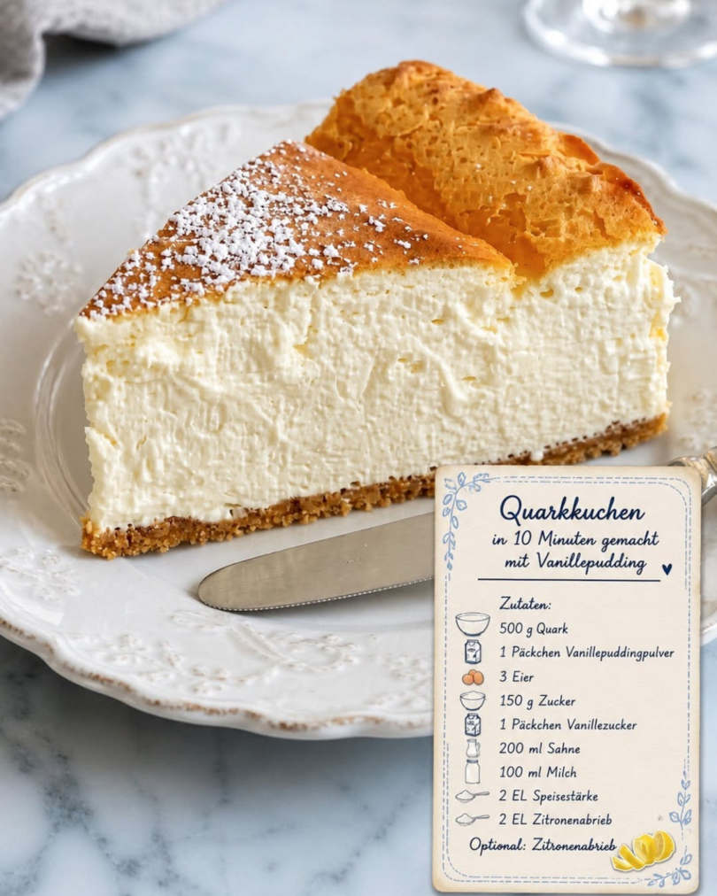 Quarkkuchen mit Vanillepudding – cremig, einfach & herrlich lecker 🍰✨