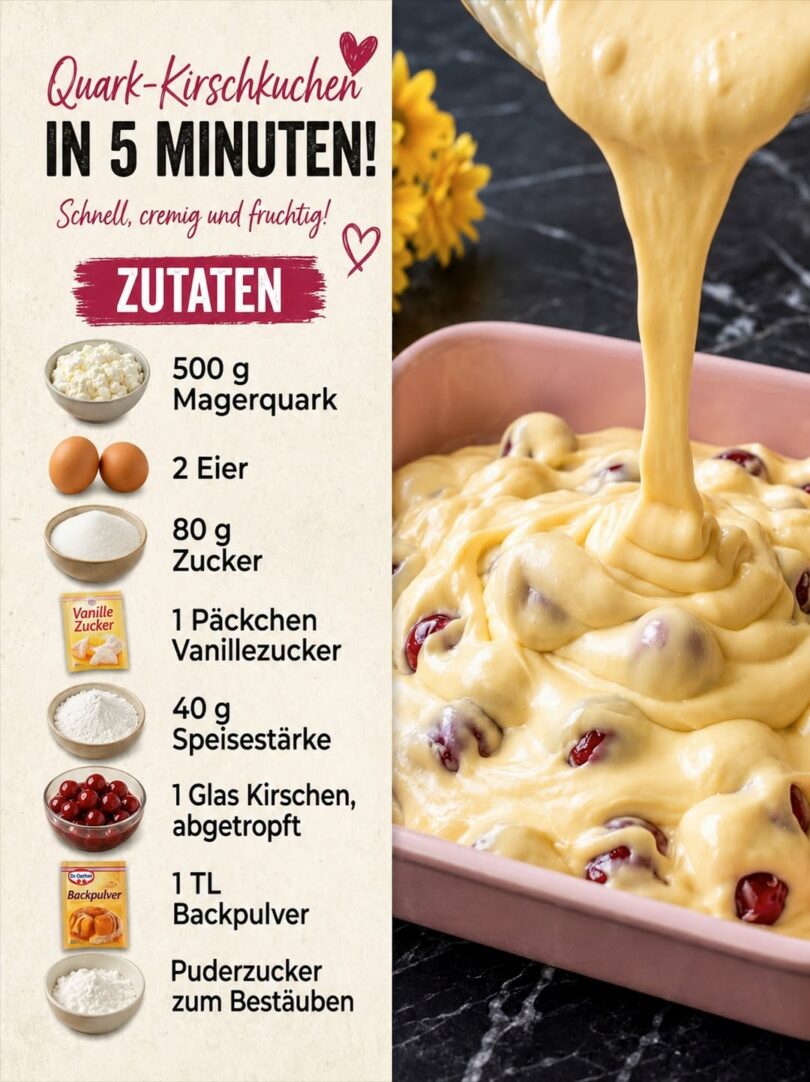 Quark-Kirschkuchen in 5 Minuten – cremig, fruchtig & unglaublich einfach 🍒🍰