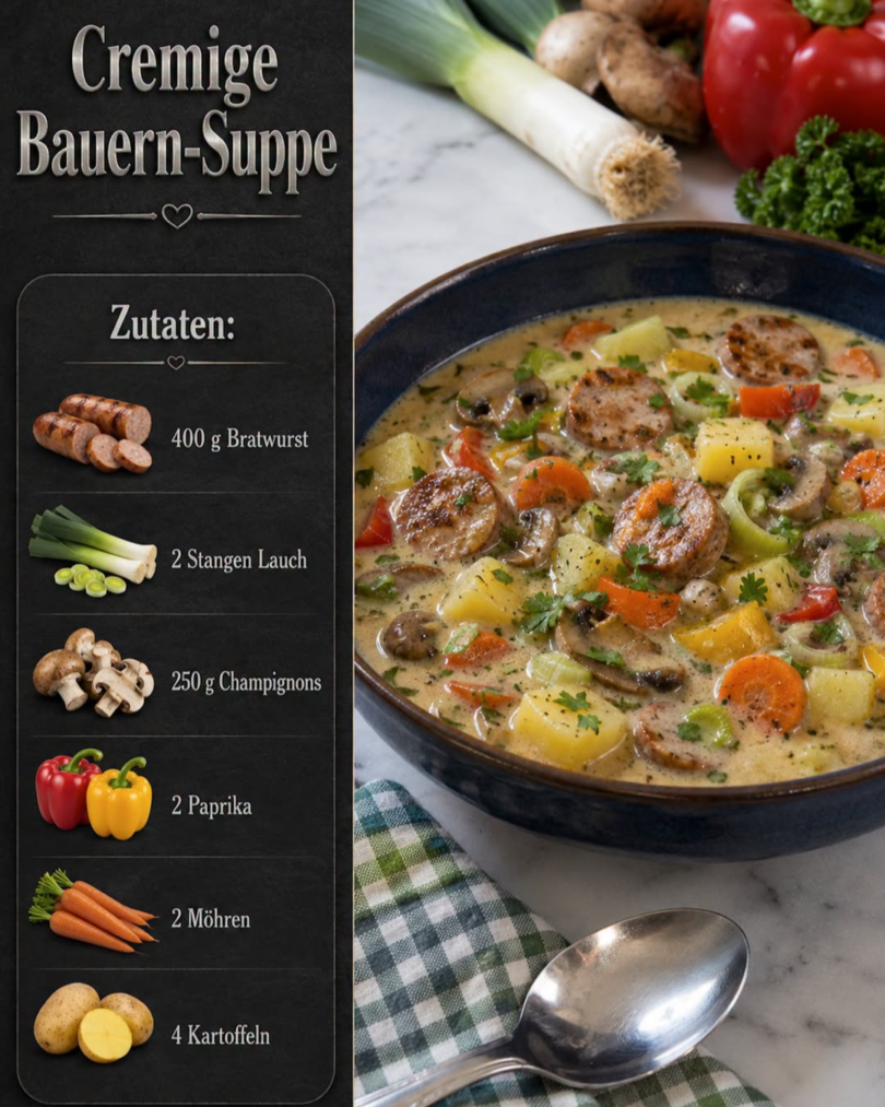 Cremige Bauern-Suppe mit Bratwurst und Gemüse – herzhaft und sättigend