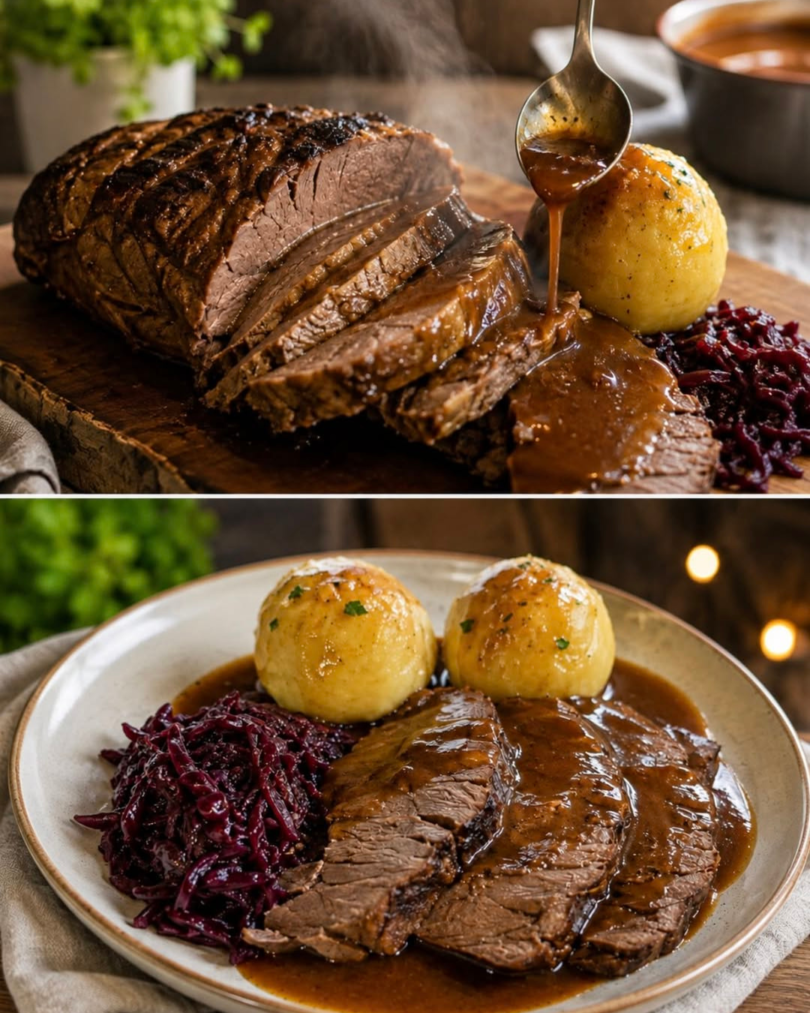 Rinderbraten mit Klößen und Rotkohl – klassisch, zart und festlich