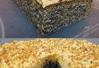 Schneller Mohnkuchen mit Paradiescreme und Haselnusskrokant
