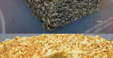 Schneller Mohnkuchen mit Paradiescreme und Haselnusskrokant