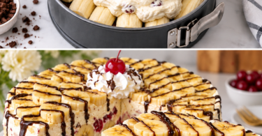 Banana-Split-Käsekuchen ohne Backen – Rezept mit Banane, Kirschen und Schokolade