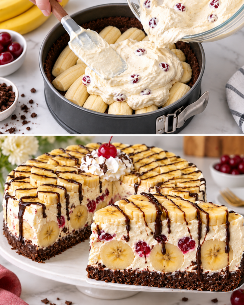 Banana-Split-Käsekuchen ohne Backen – Rezept mit Banane, Kirschen und Schokolade