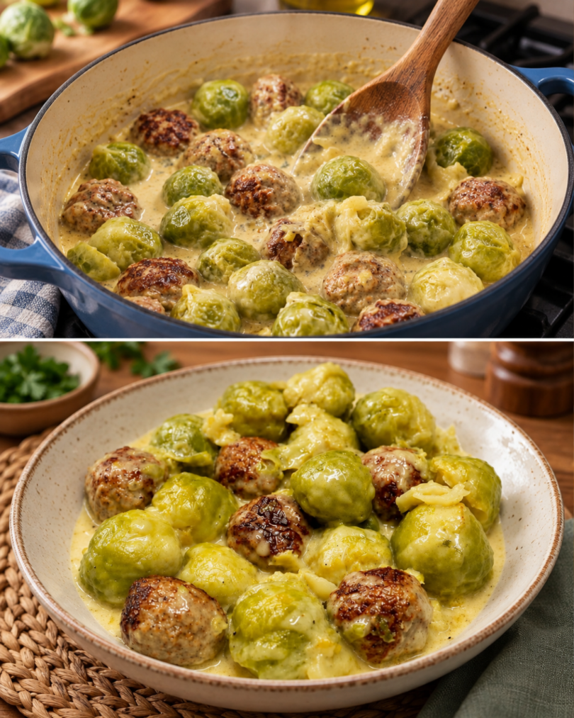 Rosenkohl mit Hackbällchen – einfaches Pfannengericht in cremiger Soße
