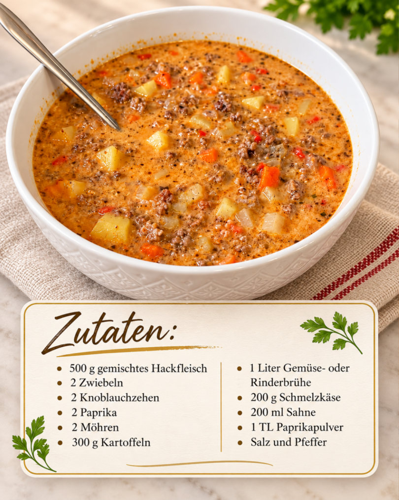 Friss-dich-dumm-Suppe mit Hackfleisch – einfaches Rezept mit Gemüse und Schmelzkäse