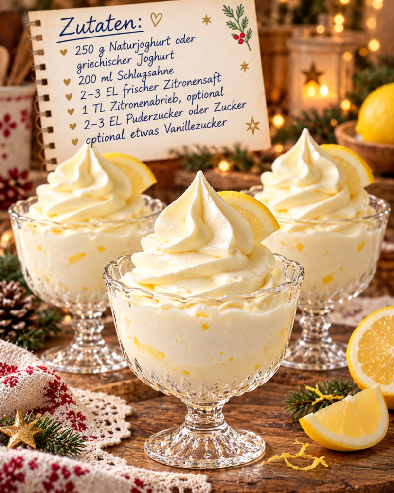 Weihnachts-Zitronencreme mit Joghurt – schnelles Dessert im Glas